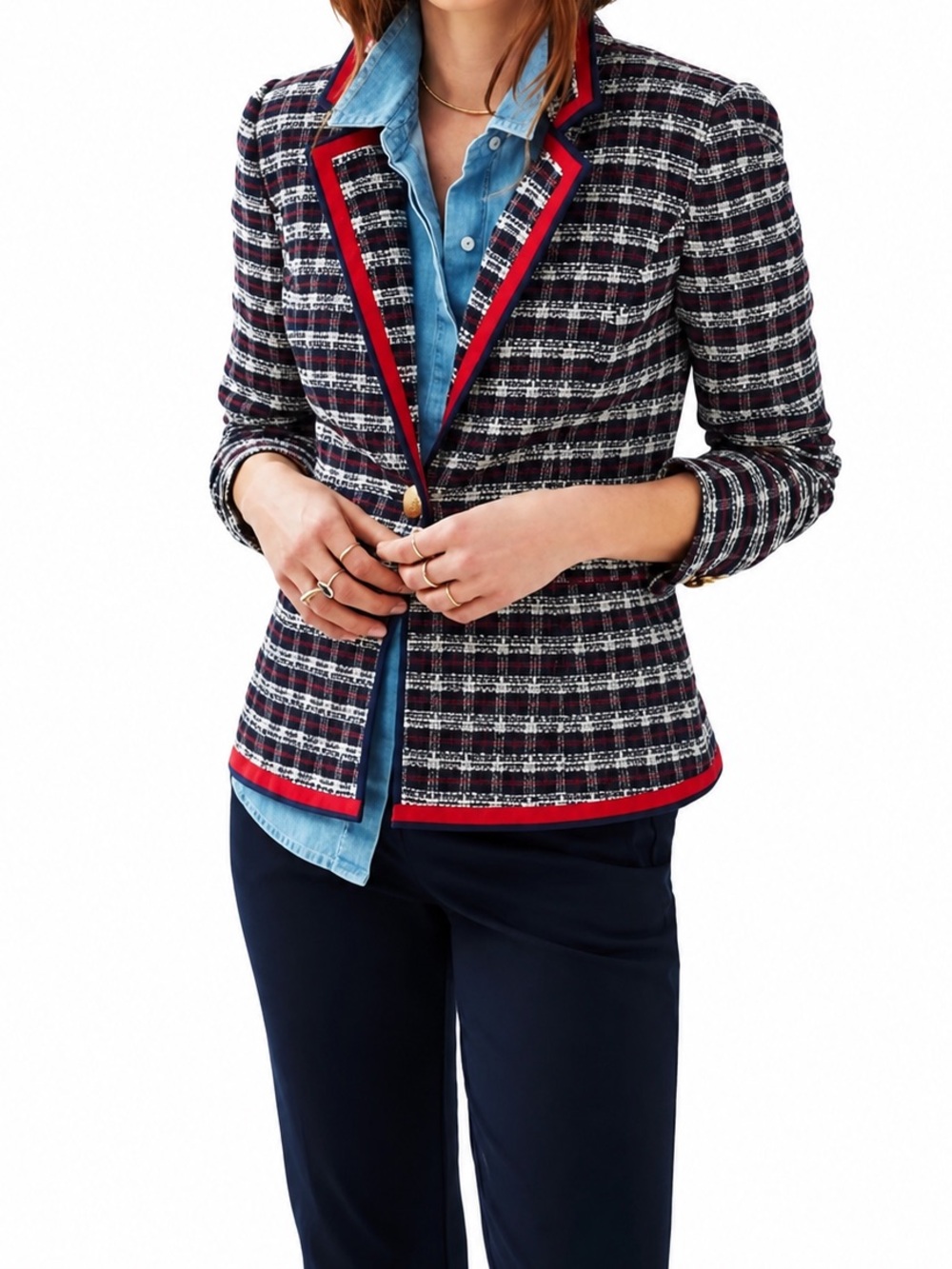 Court & Rowe Maritime Amour Blue Red Plaid Blue Night Plaid Tweed Blazer Jacket